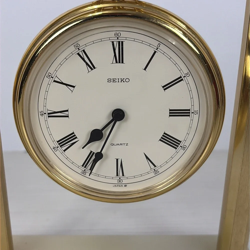 Vintage Seiko QZ 121 G Quartz Desk Clock Brass and Marble Stand Made in Japan
